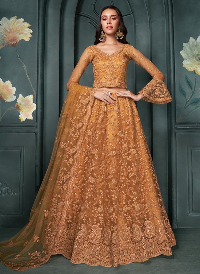 Net Orange Bridal Wear Embroidery Work Lehenga Choli